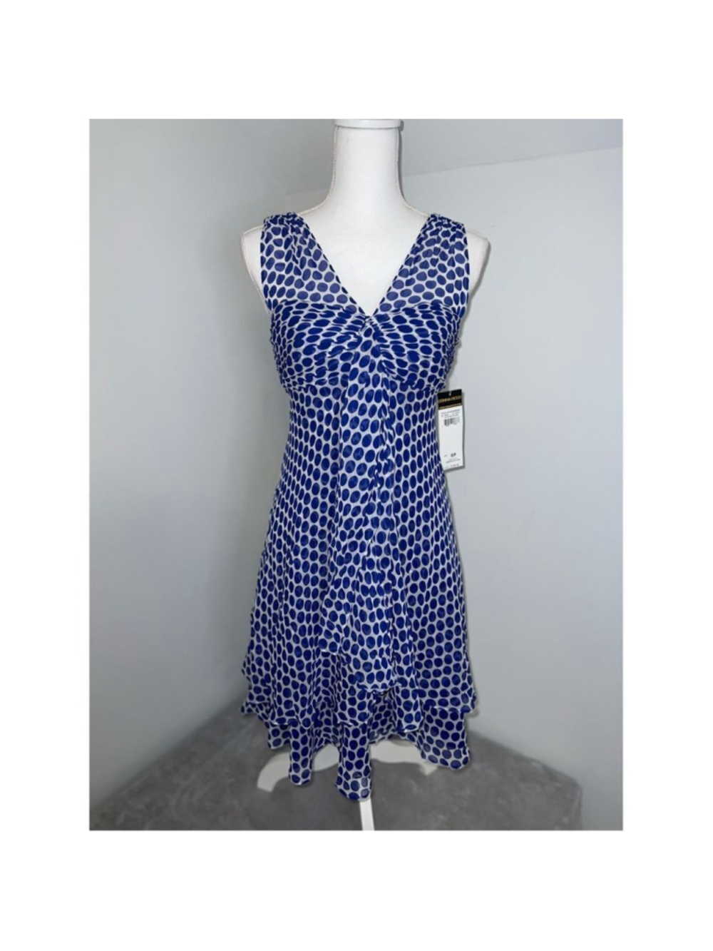 NEW! 100% Silk Ruffled Dress Blue White Women’s 6P